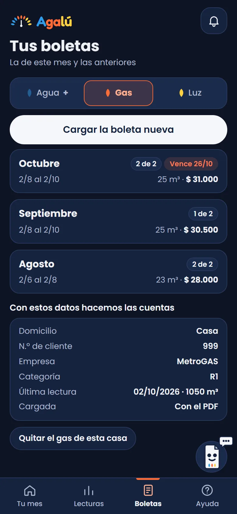Las boletas del gas en Agalú: octubre, septiembre y agosto, con lo que pagaste