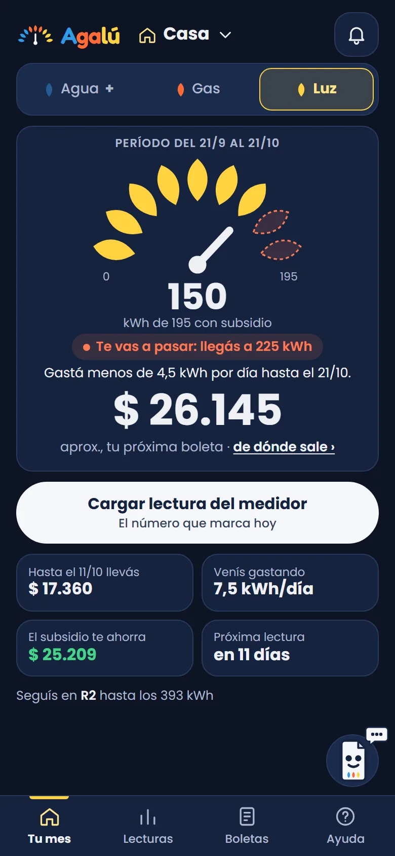 Agalú en el celular: la pantalla Tu mes de la luz, con lo que llevás gastado y cuánto te va a venir